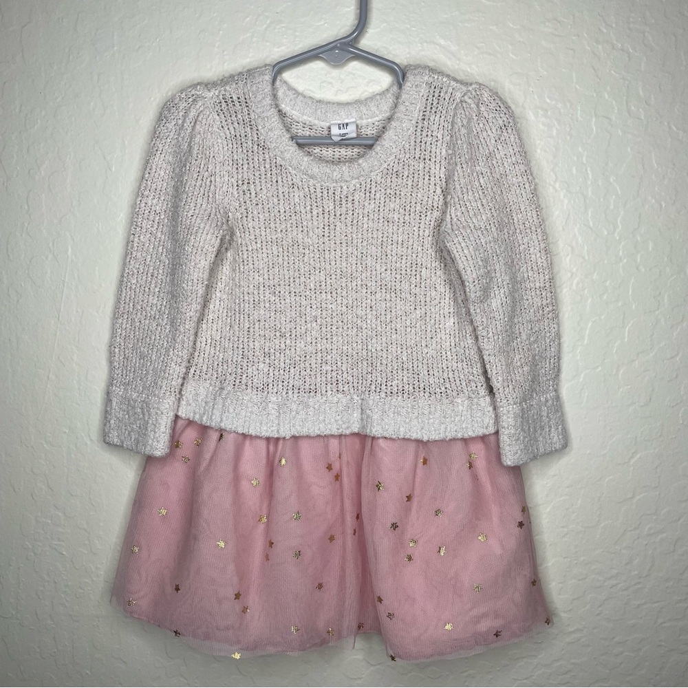 Baby Gap Girls Sz. 3 Sweater Tulle Skirt Dress Cream Pink Gold Stars One Piece